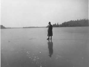 Mrs. Showler on the frozen Fraser River in 1922.